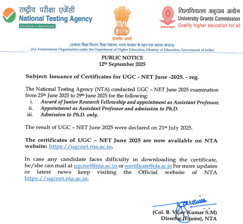 Issuance of Certificates of UGC – NET June 2025 on 12th September